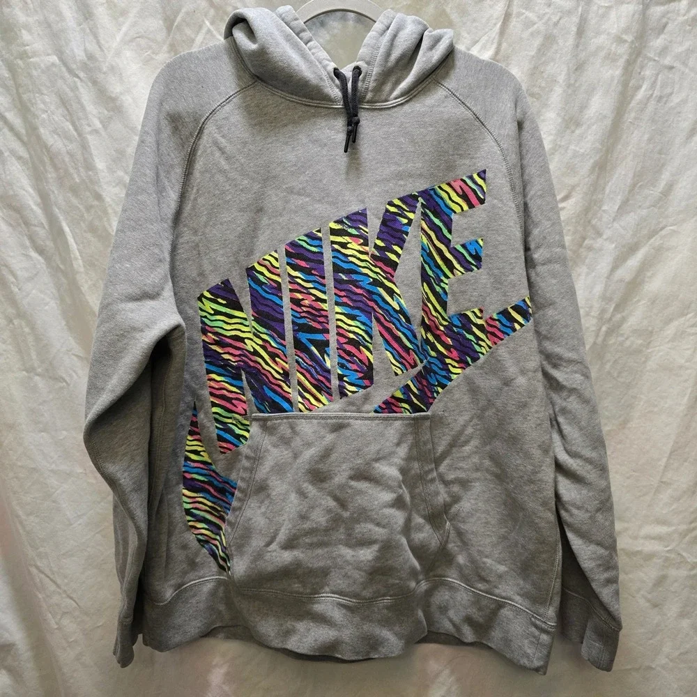 Nike Men's Gray Rainbow Zebra Spell Out Swoosh Hoodie‎ Sweatshirt XXL 90s